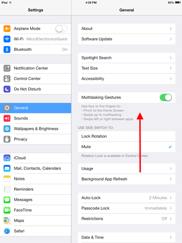 iDevice Settings, General, Multitasking Gestures